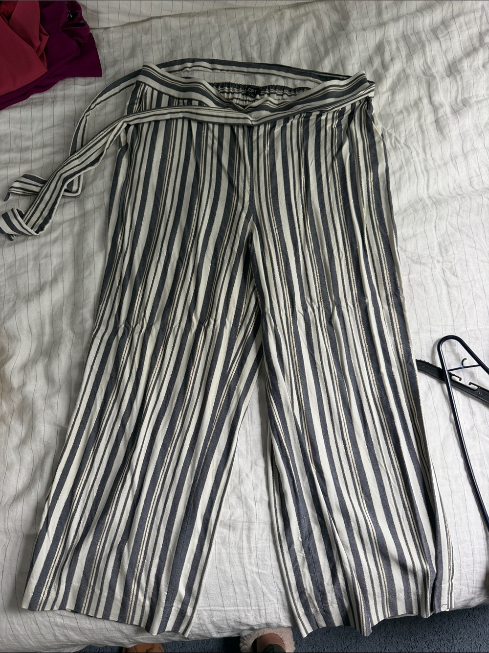 LOFT Cream and Blue Striped Wide-Leg Tie Waist Pants